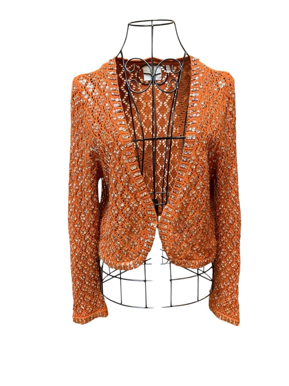 Burnt Orange Open-Front Knit Sequin Sweater Large
